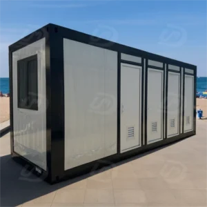 Unité sanitaire portable de 6 mètres (20 pieds) comprenant 3 toilettes individuelles et 1 salle de douche avec lavabo.